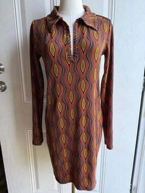 Earthbound Retro Wave Long Sleeve Boho Funky Body Con Dress in Orange & Yellow S